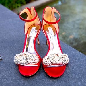 Red Open Toe Satin Shoes SIZE 9